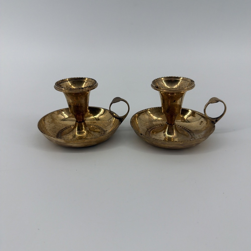 Set of 2 Vintage Brass Chamberstick Candle Holder With Handle Made In India